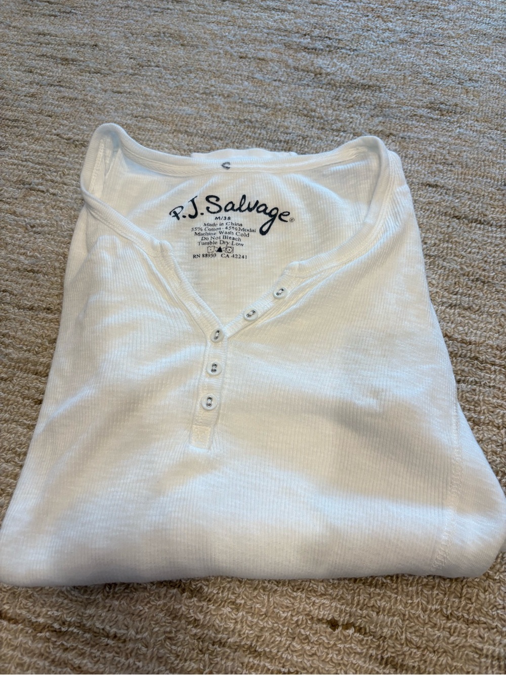 P.J. Salvage White Ribbed Henley Long Sleeve Shirt